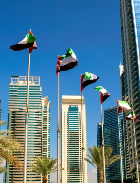 Fahnen der Vereinigten Arabischen Emirate wehen zwischen modernen Wolkenkratzern in Abu Dhabi während der Feierlichkeiten zum Nationalfeiertag der Vereinigten Arabischen Emirate in Abu Dhabi.