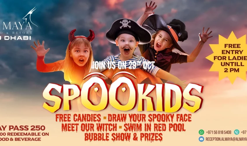 Banner für eine Halloween-Party für Kinder namens „Spookids“ im Al Maya Resort in Abu Dhabi