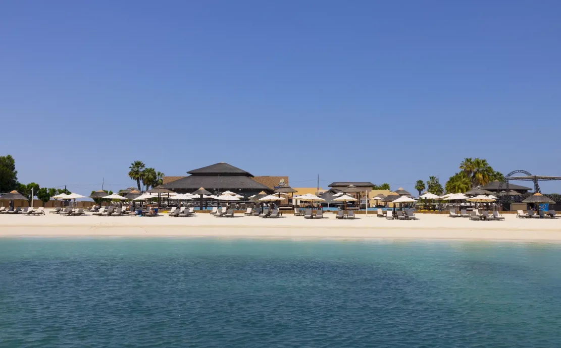 Sandy Abu Dhabi beach club with thatched umbrellas and clear blue sea