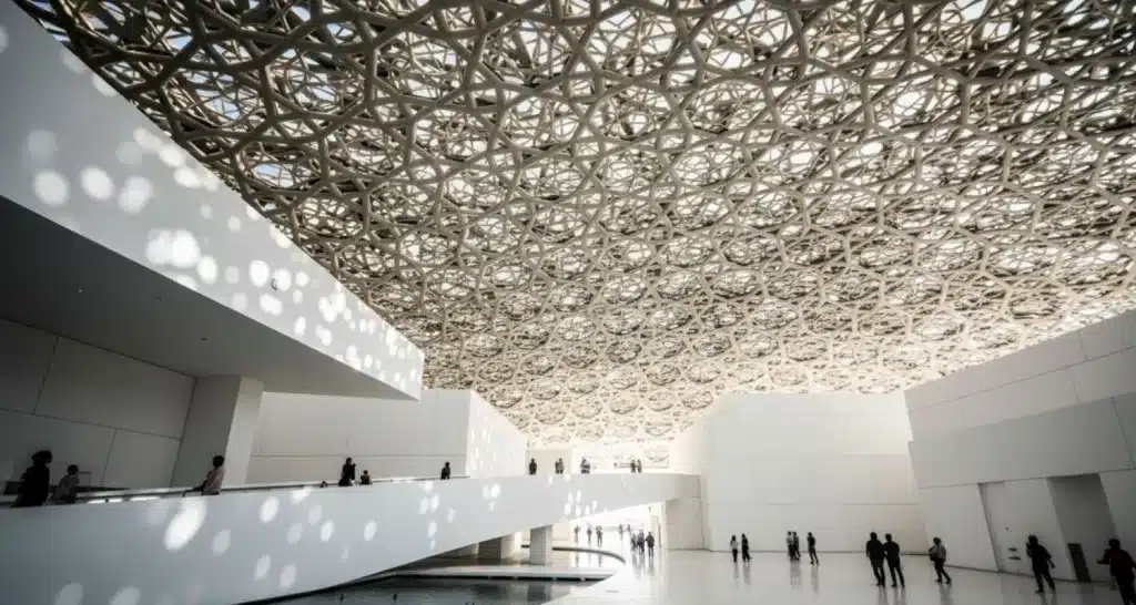 Innenraum des Louvre Abu Dhabi Museums mit ikonischer geometrischer Kuppeldecke, die Lichtmuster wirft, moderner weißer Architektur und Palmen