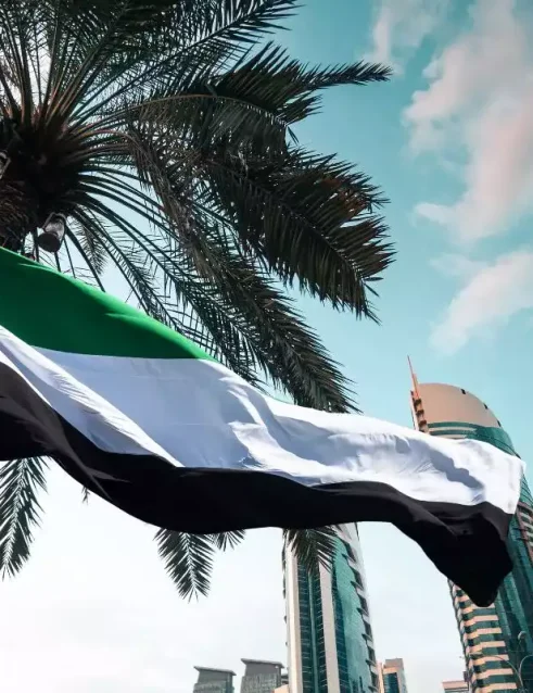 Die Nationalflagge der Vereinigten Arabischen Emirate weht neben Palmen und modernen Wolkenkratzern in Abu Dhabi und symbolisiert die Feierlichkeiten zum Scheich-Zayed-Festival.