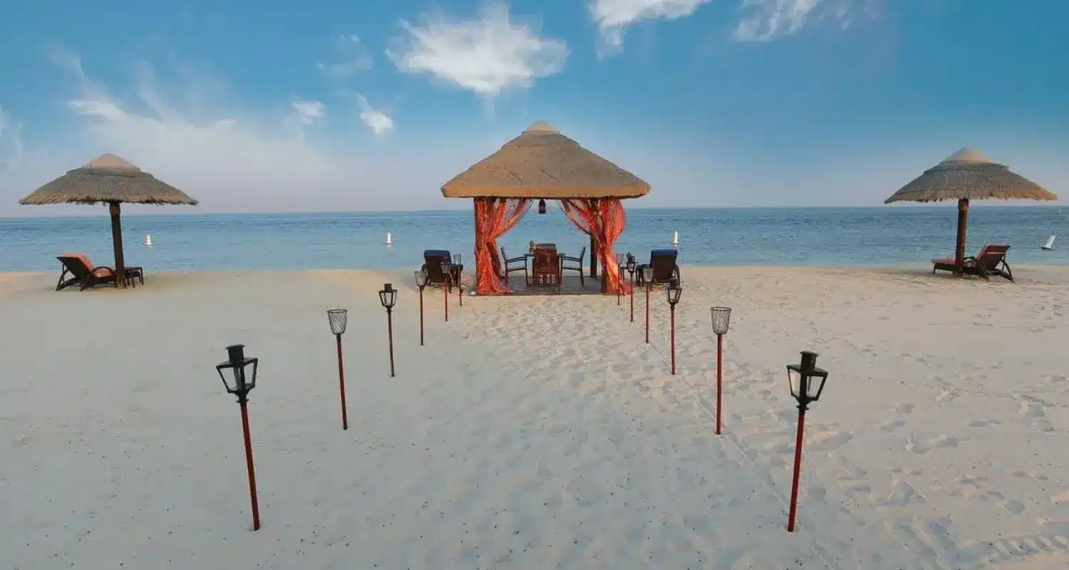 Private beach cabana at Al Maya Island Resort, perfect for intimate wedding moments or honeymoon relaxation by the Arabian Gulf