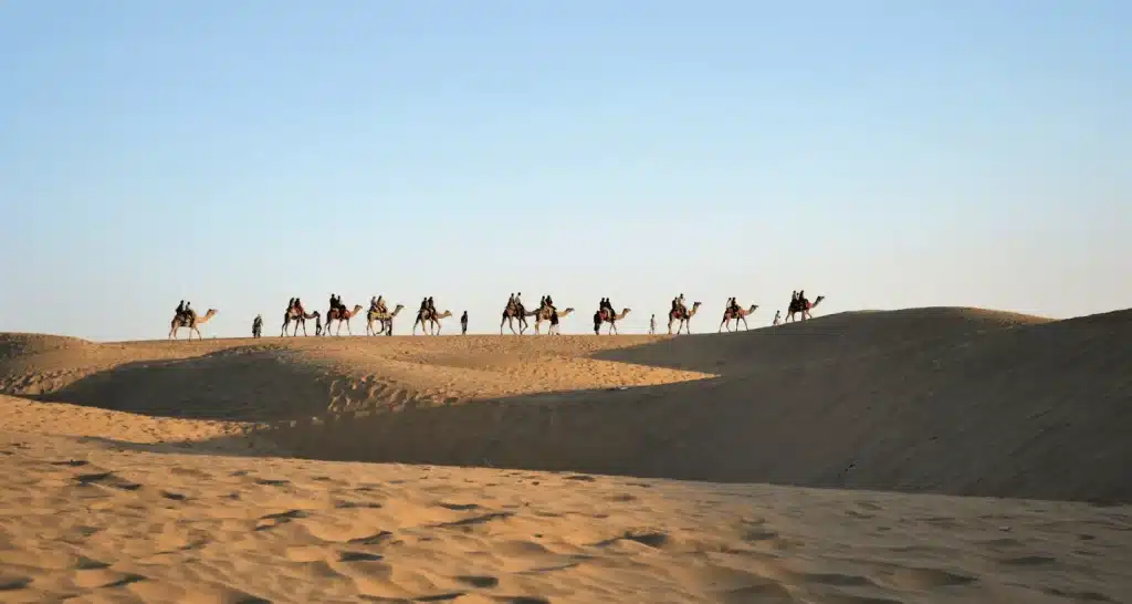 Fernblick auf eine Reihe von Kamelen mit Passagieren auf einer Wüstensafari in Sharjah.