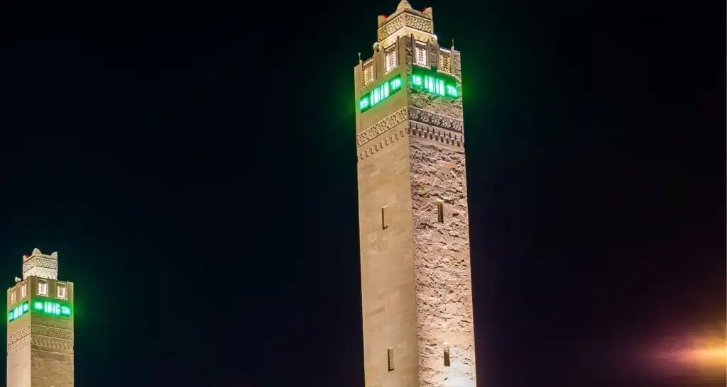 Close-up of an illuminated minaret of Sheikha Salama Mosque in Al Ain at night