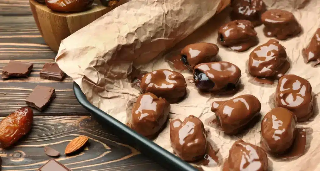 Mit Schokolade überzogene Datteln, eine Gourmet-Spezialität auf dem Dattelmarkt von Abu Dhabi.