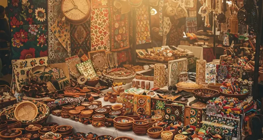 Handbestickte Textilien und Keramikhandwerk, ausgestellt an einem traditionellen Marktstand in Al Ain.