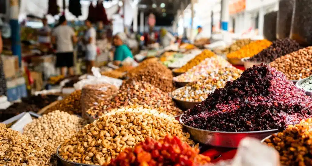 Buntes Sortiment an Nüssen und Trockenfrüchten, das neben Datteln verkauft wird.