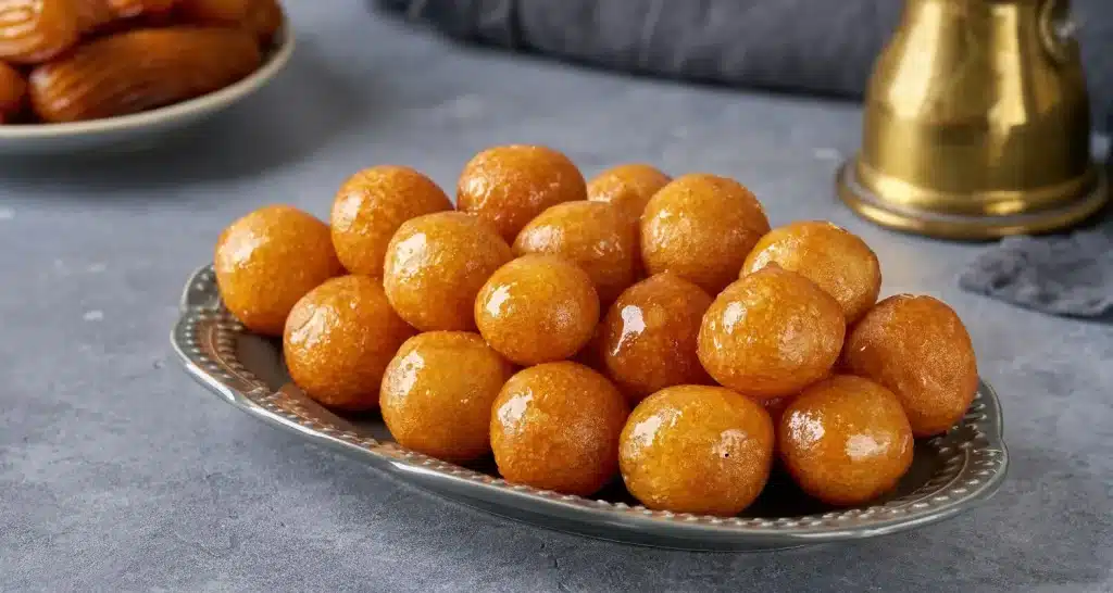 Traditionelles emiratisches Dessert Luqaimat, serviert im Souk Al Qattara in Abu Dhabi