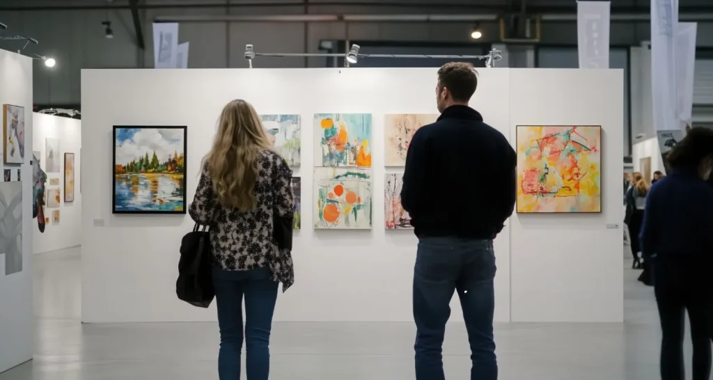 Besucher betrachten farbenfrohe zeitgenössische Gemälde in der Galeriehalle der Abu Dhabi Art Fair 2025.