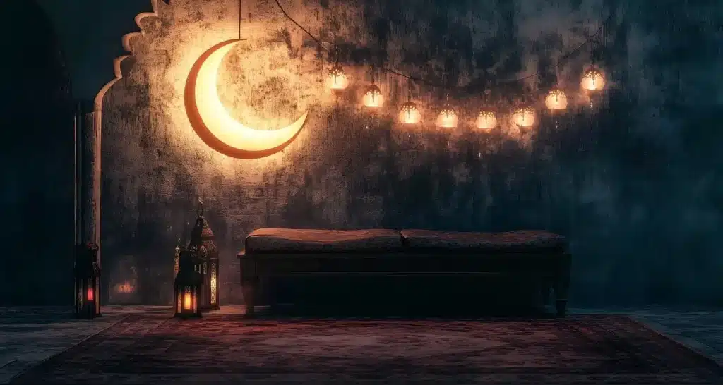 Crescent moon wall decor with soft lantern lighting creating a calm Ramadan atmosphere