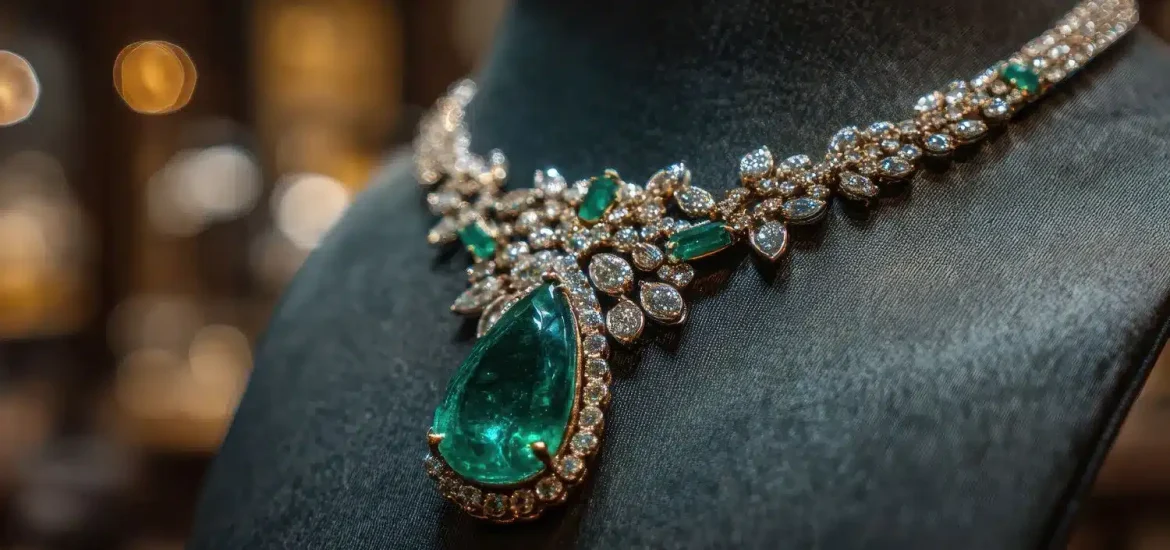Luxuriöses Smaragd- und Diamantencollier, ausgestellt bei einem Juwelier im Gold Souk in Abu Dhabi.