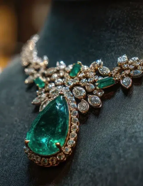 Luxuriöses Smaragd- und Diamantencollier, ausgestellt bei einem Juwelier im Gold Souk in Abu Dhabi.
