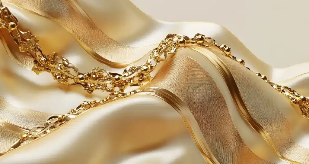 Nahaufnahme von eleganten Goldketten auf Satinstoff, die luxuriösen Goldschmuck in Abu Dhabi darstellen.