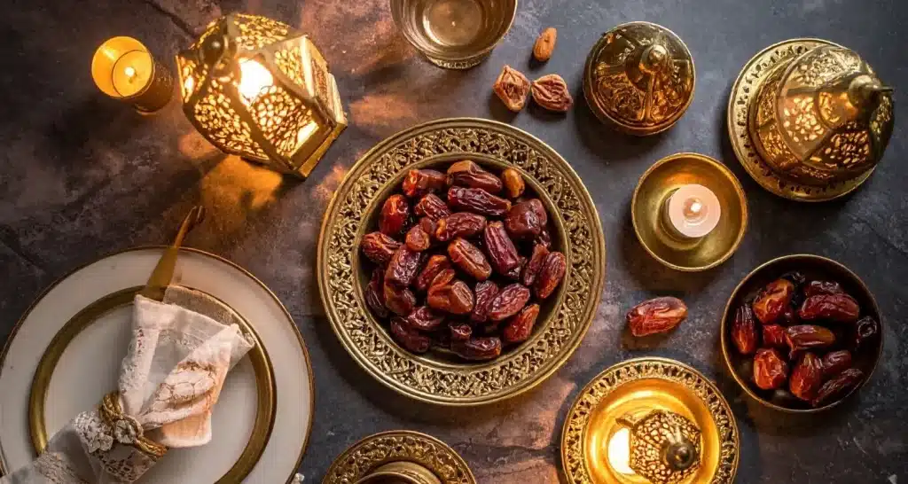 Iftar table setting with dates, lanterns, and elegant Ramadan decorations