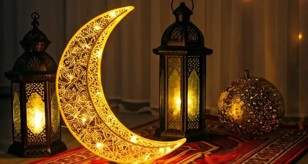 Illuminated crescent moon and lantern display used as Ramadan decorations in a cozy interior