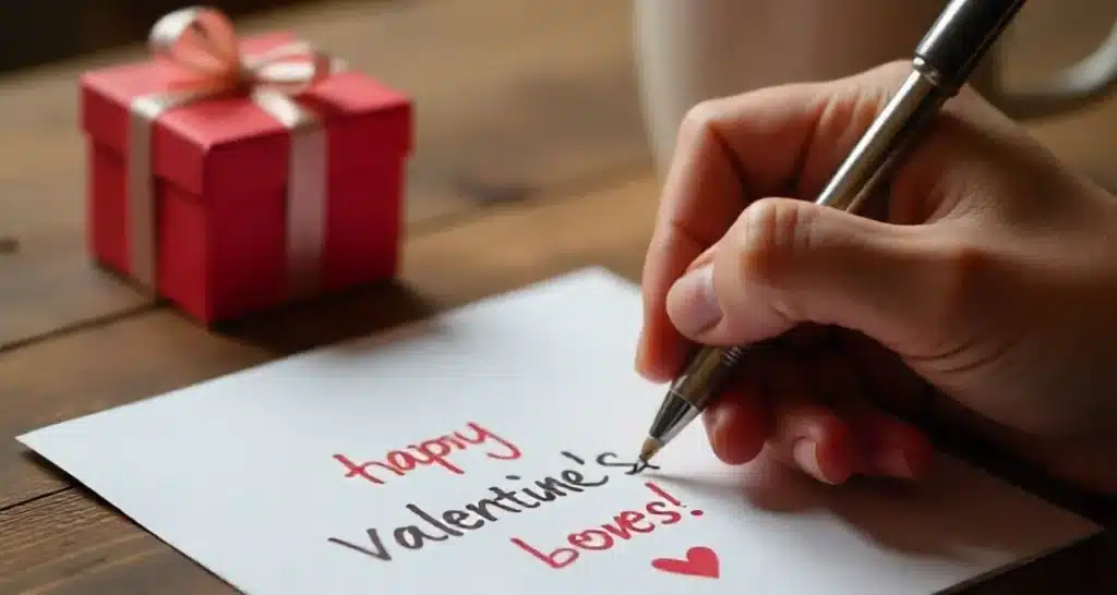 Eine handgeschriebene Valentinstagskarte neben einer kleinen Geschenkschachtel mit persönlichen Valentinstagssprüchen