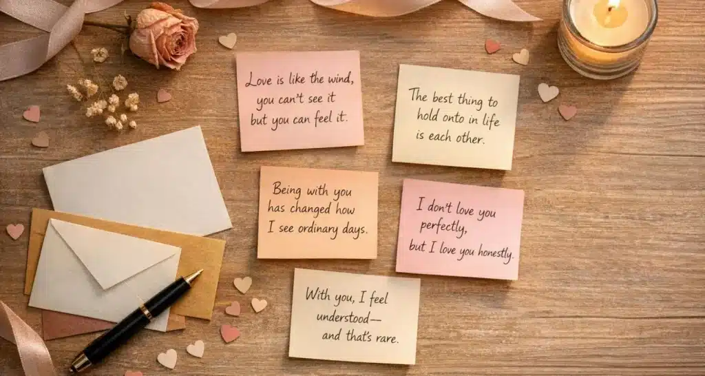 Romantische Klebezettel mit handgeschriebenen Liebeszitaten und Valentinstagssprüchen auf einem Holztisch